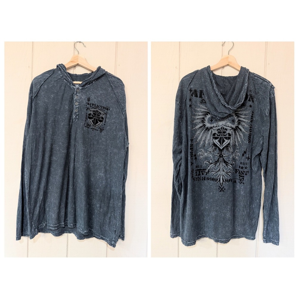 Affliction Y2K Hooded Henley Long Sleeve Shirt‎ Grunge Mall Goth 2XL